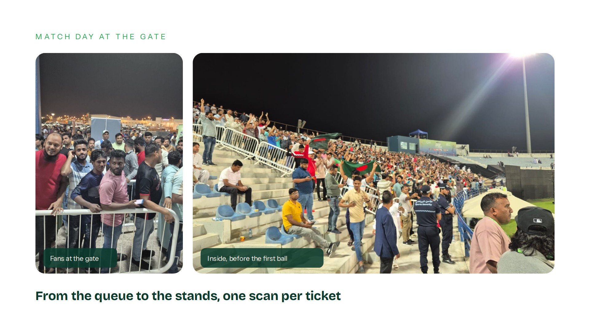 Cricket fans queue at the gate and fill the stands at West End Park International Cricket Stadium, Doha
