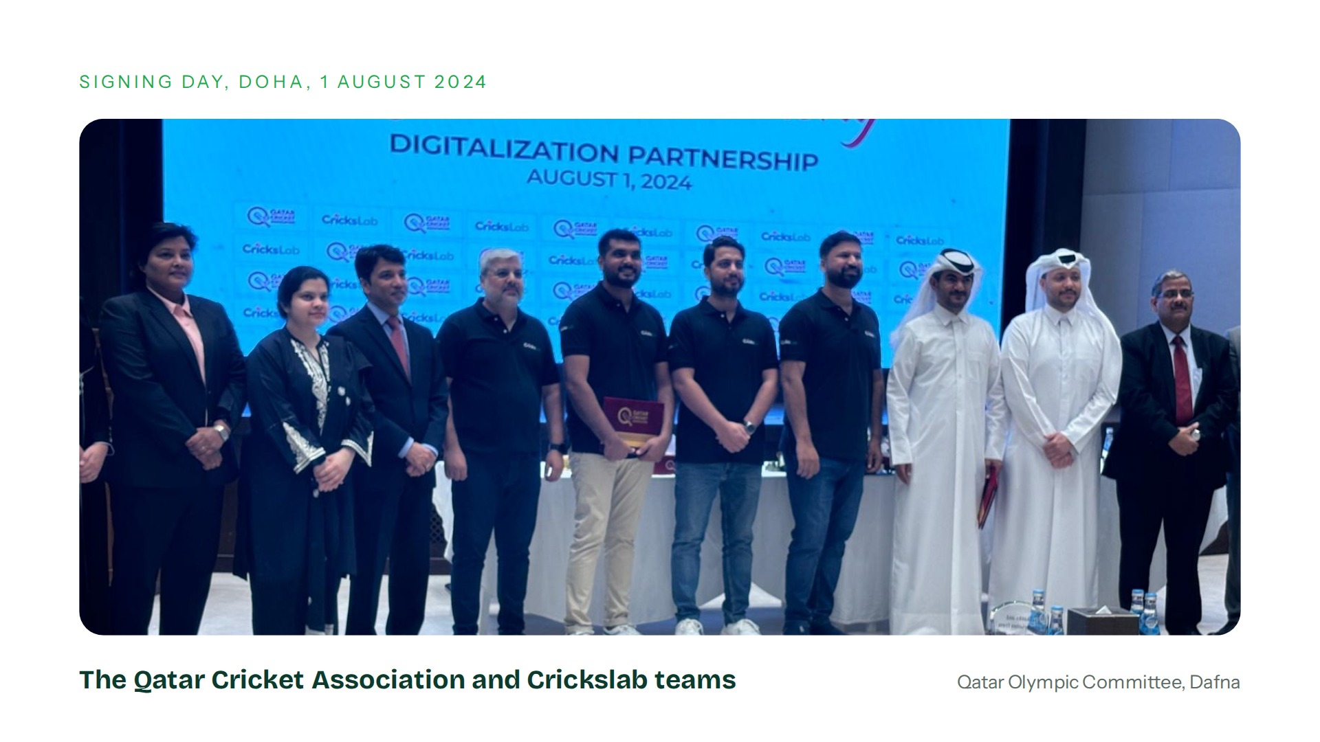 The Qatar Cricket Association and Crickslab teams on signing day in Doha