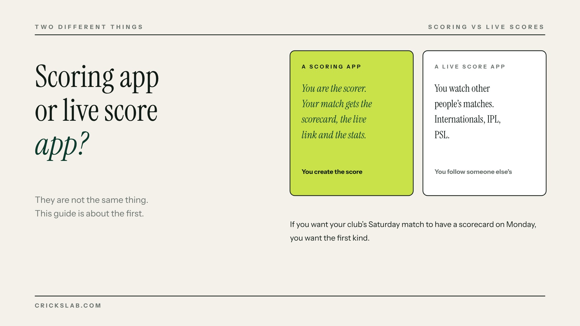 A cricket scoring app lets you score your own match, a live score app shows other people’s