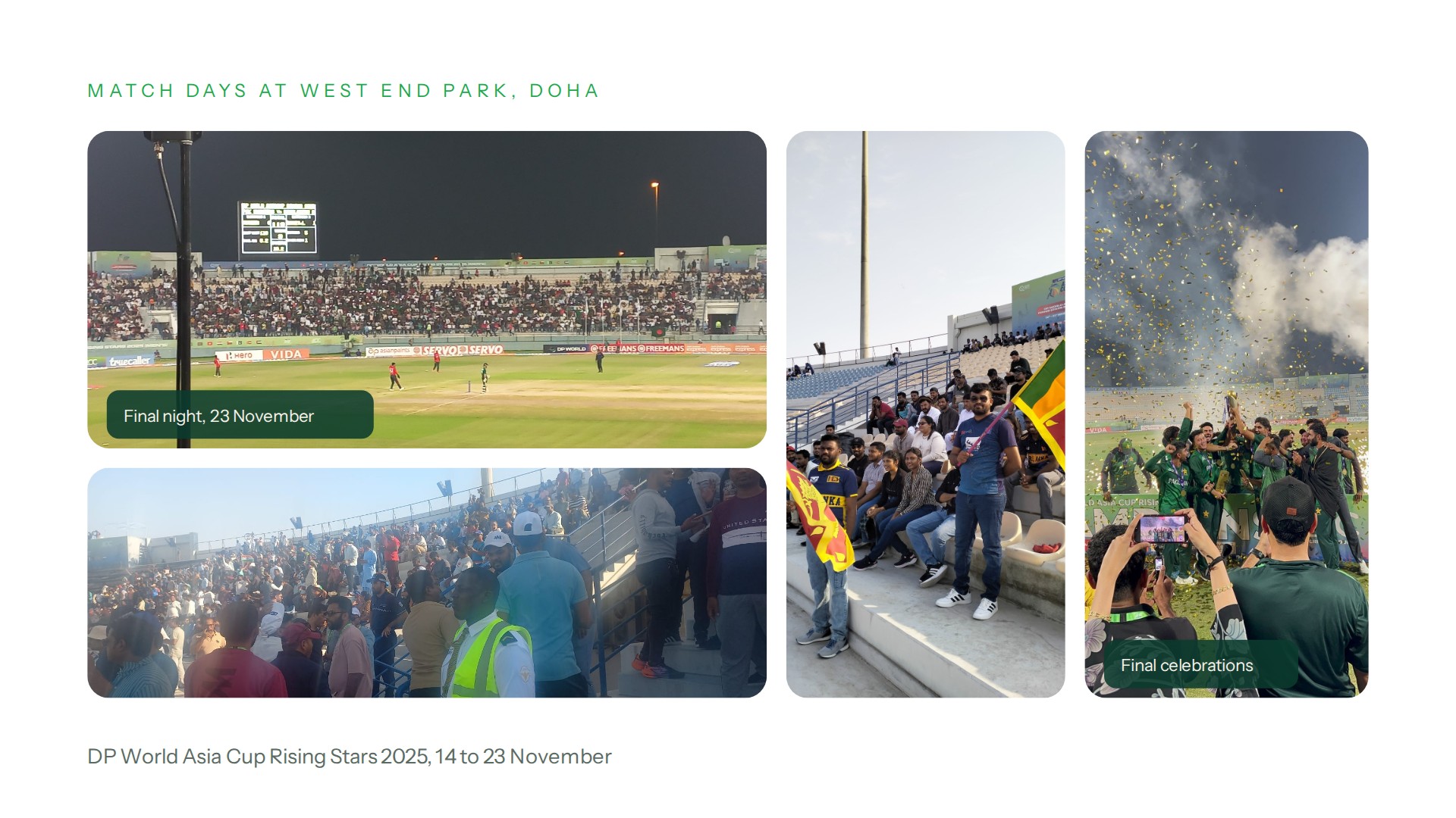 Crowds, Sri Lanka fans and Pakistan Shaheens celebrating at Asia Cup Rising Stars 2025 in Doha