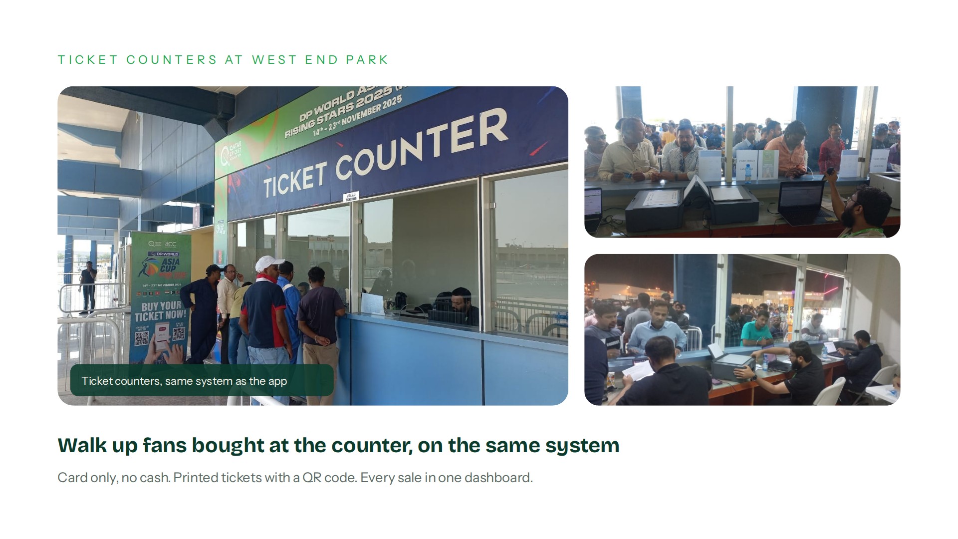 Crickslab team selling cricket tickets at the West End Park ticket counter with laptops and printers