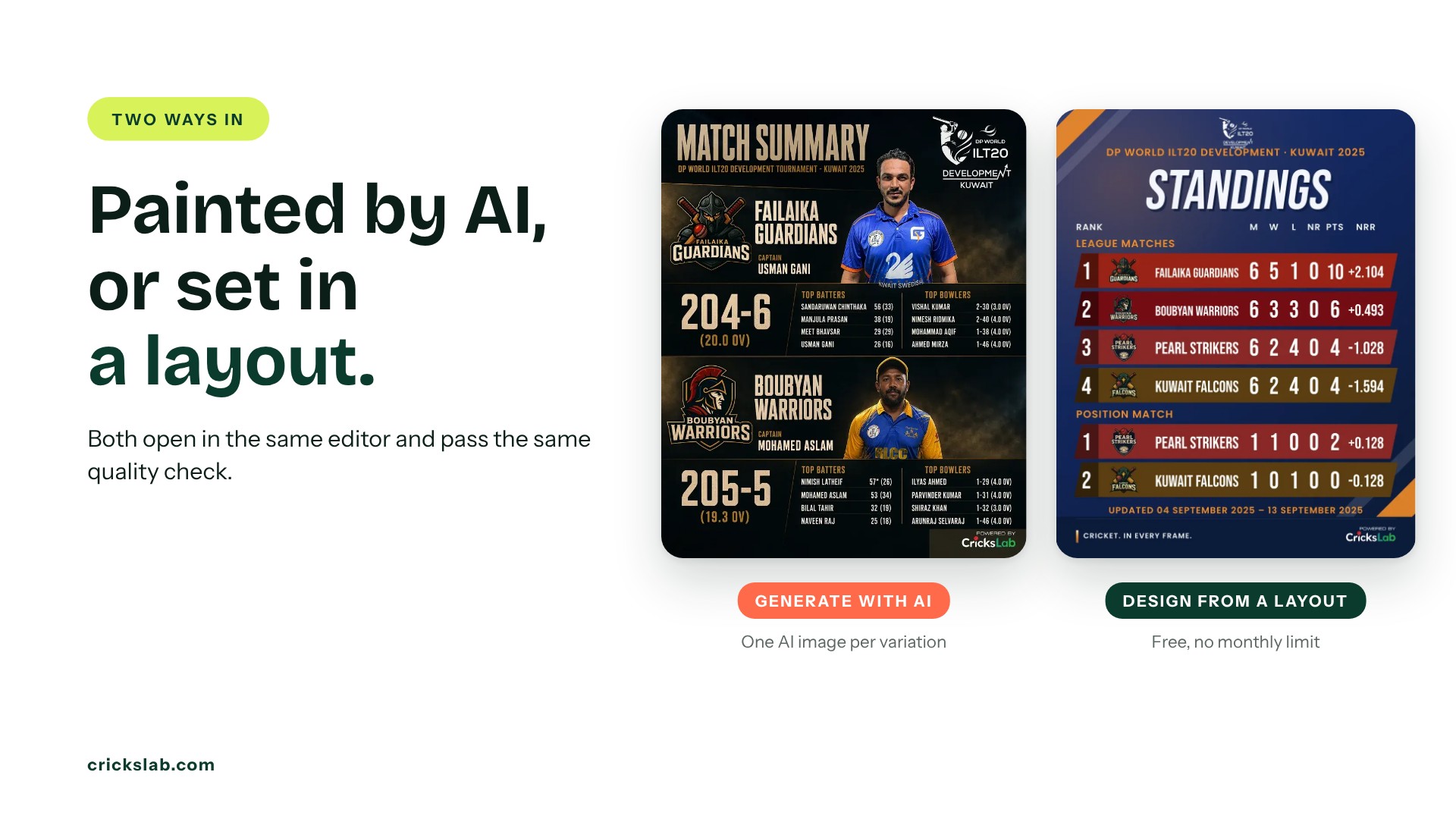 Two ways to do cricket poster design in Crickslab Artwork Studio, an AI match summary and a free standings layout.