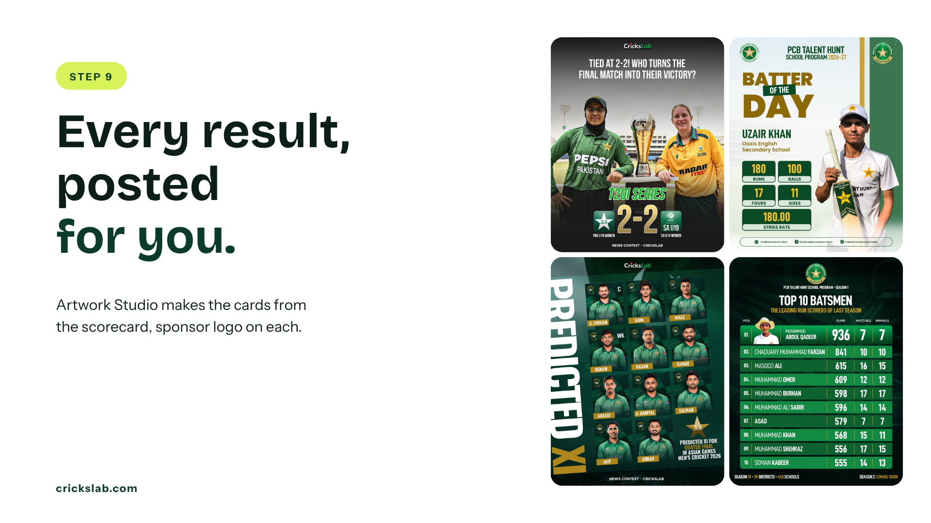 Cricket tournament result posts made from the scorecard by Crickslab Artwork Studio. 