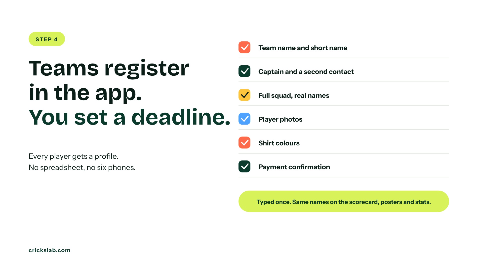 Cricket tournament registration form checklist, collected once in the Crickslab app. 
