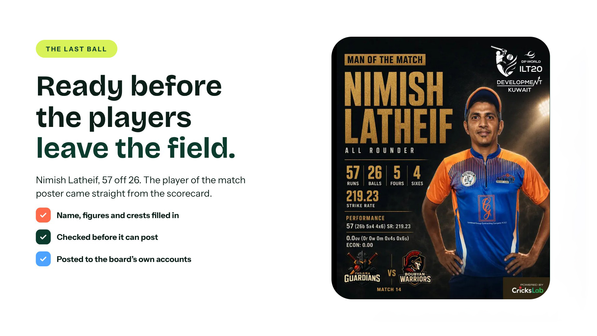 Player of the match poster made by Crickslab Artwork Studio from the scorecard at the last ball.