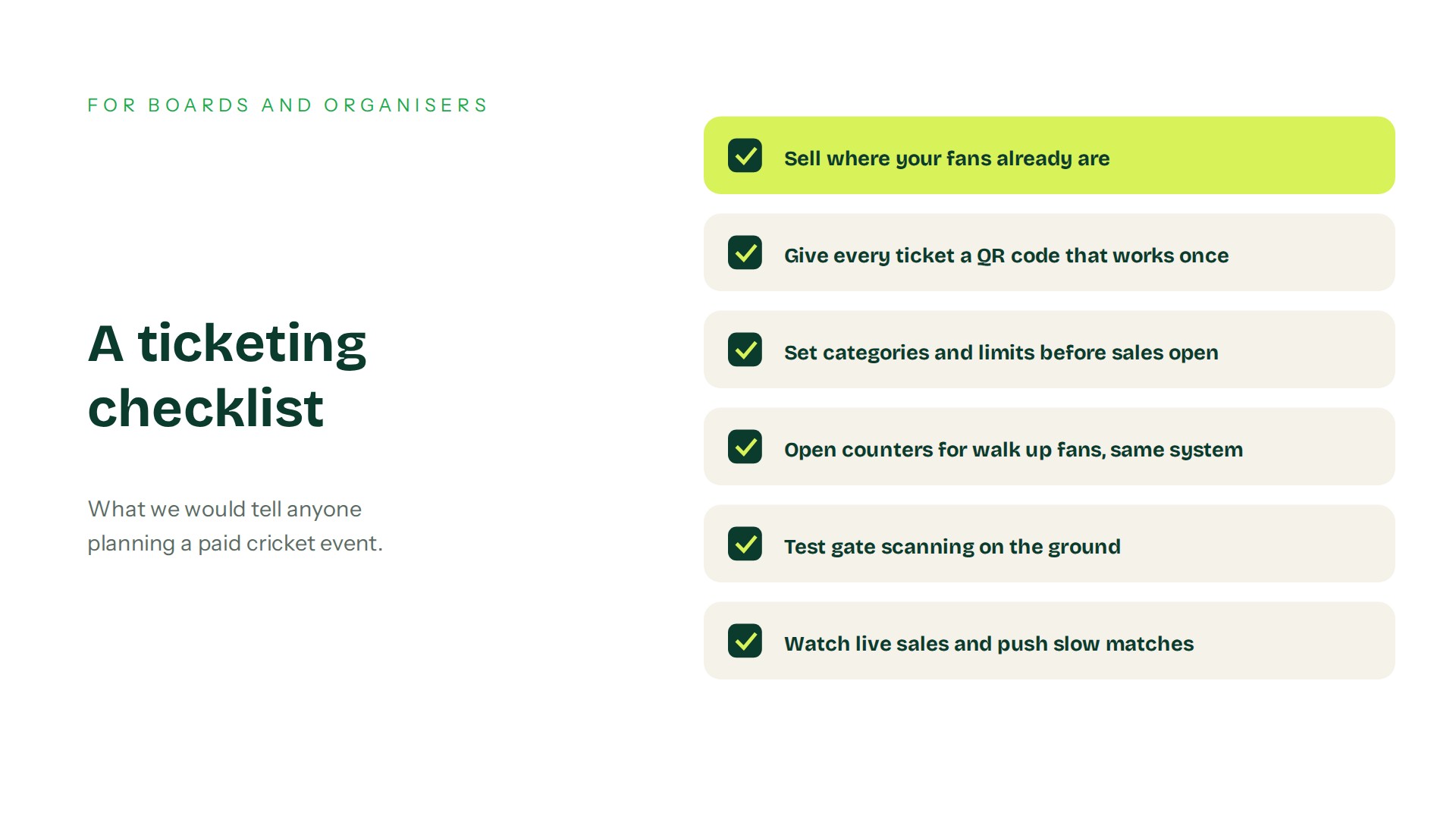 Six point ticketing checklist for cricket boards and event organisers planning a paid cricket event