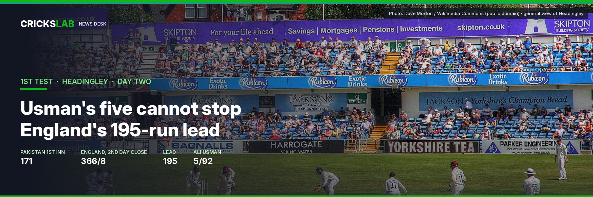 Spectators fill the stands at Headingley in Leeds as a county cricket match is played on the square, fielders spread around the bat in white clothing. General view of the ground, not the 2026 England versus Pakistan Test.
